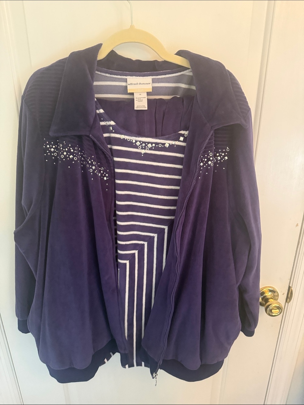 Alfred Dunner Purple Velour Zip Jacket with Striped Knit Top